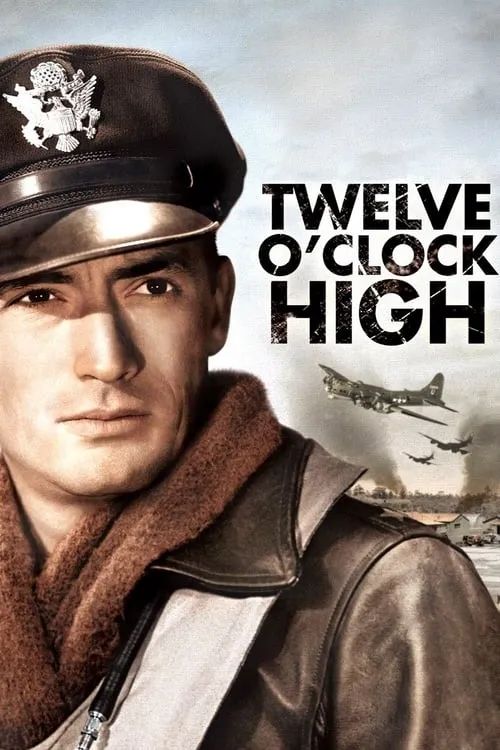 Twelve O'Clock High (1949) vintage poster featuring Gregory Peck in an AAF flight cap with B-17 bombers in flight; a stoic, authoritative classic aviation war drama vibe.