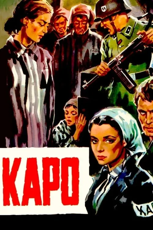 Kapo (1960) painted illustration featuring Susan Strasberg and prisoners in camp uniforms under an SS guard's gaze; a somber, classic Holocaust drama vibe.