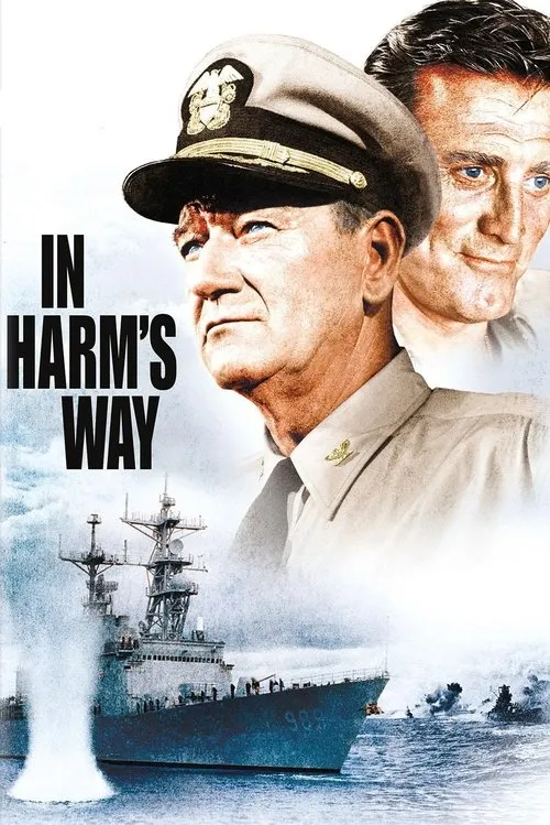 In Harm's Way (1965) composite illustration featuring John Wayne and Kirk Douglas above a battleship firing in heavy seas; a grand-scale, classic naval action vibe.