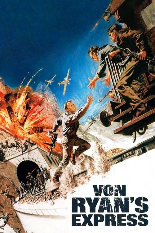 Von Ryan's Express (1965) painted illustration featuring Frank Sinatra leaping onto a moving train during a bridge explosion; an action-heavy war adventure vibe.