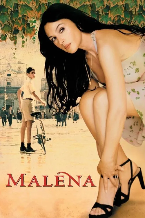 Malèna (2000) theatrical poster featuring Monica Bellucci in a sun-drenched Sicilian square with a boy on a bicycle; a nostalgic, evocative Italian period drama vibe.