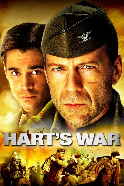 Hart's War (2002) theatrical poster featuring Bruce Willis and Colin Farrell above soldiers running through a chaotic battlefield; an action-heavy military drama vibe.