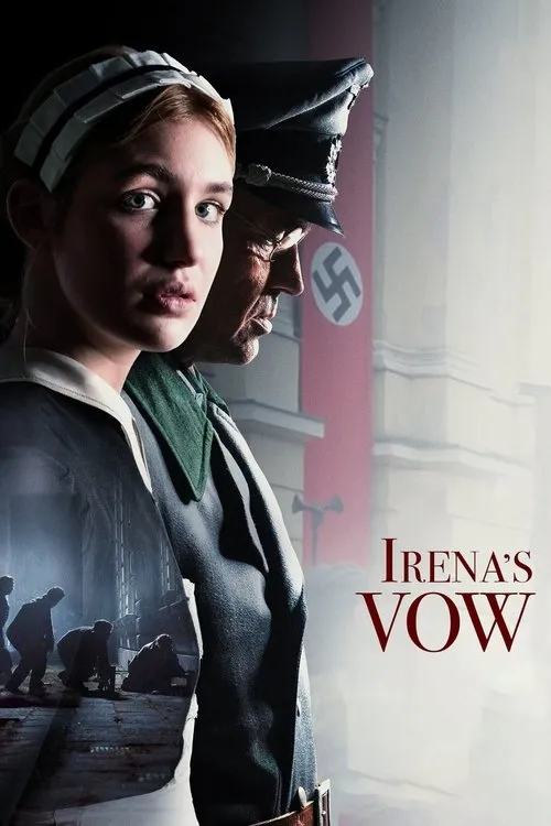 Irena's Vow (2024) film poster featuring a nurse shadowed by a Nazi officer and hidden figures in a basement; a tense, high-stakes moral drama vibe.
